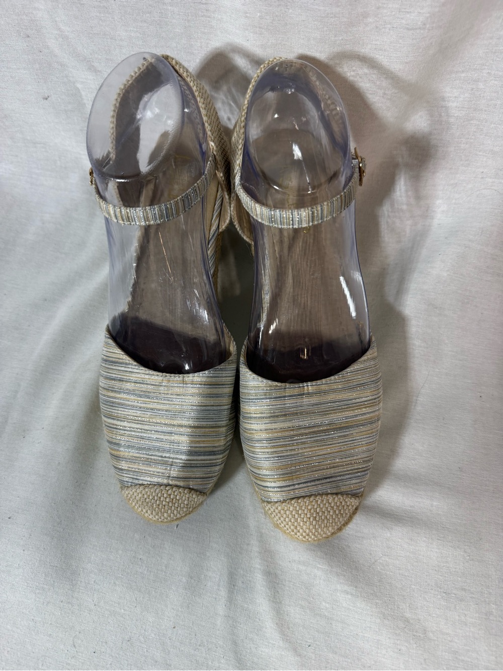 Striped Neutral Espadrille Wedge Sandals with Ankle Strap